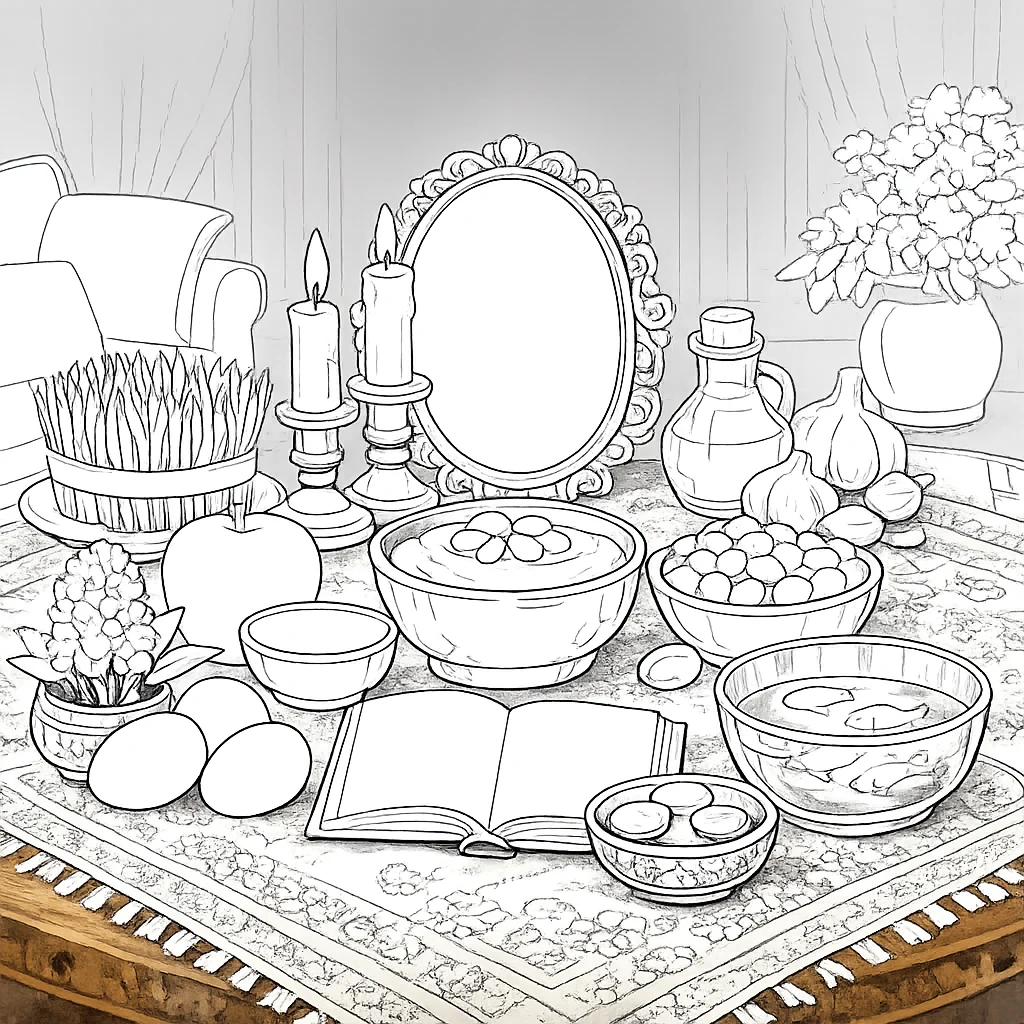 Outline drawing of a Nowruz table